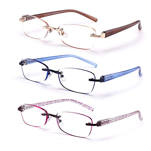 FEIVSN 3-Pack Rimless Reading Glasses For Women, Lightweight Spring Hinge Readers, Classic Elegant Artistic Eyeglasses UV 400