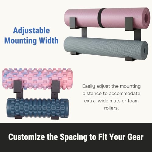 RoakyRoasy Yoga Mat Holder with Protective Padding Wall Mount Steel Storage Rack, 2 Tier Adjustable Width Hanger for up to...