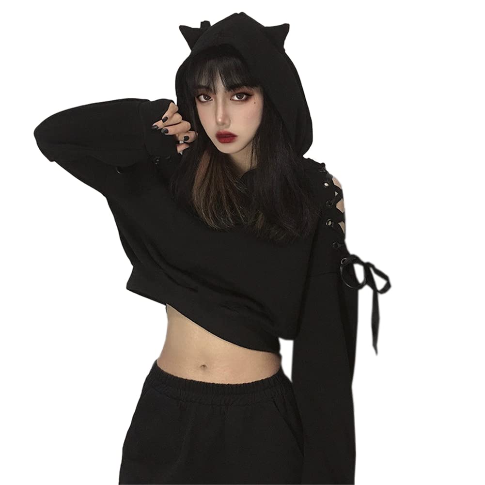 YANOOLH Women Cat Ear Hoodies Long Sleeve Off Shoulder Cute Crop Top Pullover Hoodie Sweatshirt Black M