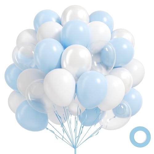 60pcs Blue and White Balloons 12inch, Clear Pearl White Light Blue Balloons for Baby Shower Birthday Party Decorations