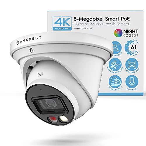Amcrest UltraHD 4K (8MP) IP PoE AI Camera, 49ft Nightcolor, Security Outdoor Turret Camera, Built-in Microphone, Human Det...