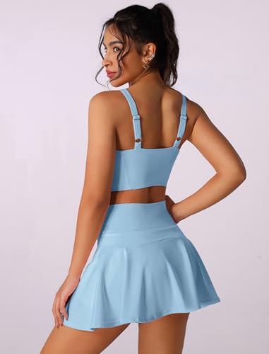 ABEHIK Two Piece Tennis Skirt Sets for Women High Waisted Pleated Skirt Tennis Dress Sports Bra Golf Athletic Workout Outfits