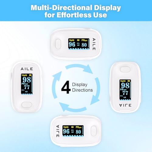 AILE Pulse Oximeter with Fingertip Oxygen Meter, Compact Fingertip Pulse Oximeter - Blood Oxygen/Heart Rate Monitor - 4 Co...