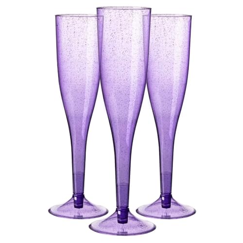 Homy Feel 6.5 OZ Purple Glitter Plastic Champagne Flutes 30 Pack, Disposable Wine Glasses for Party,Plastic Champagne Glas...