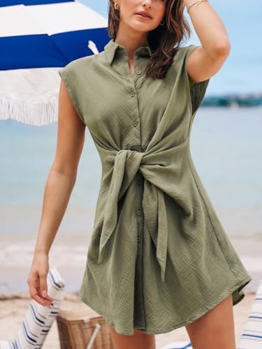 CUPSHE Women's Beach Cover Up Button Swimsuit Bathing Suit Cover Up Cap Sleeves Swin Cover Up Dress Tie Front