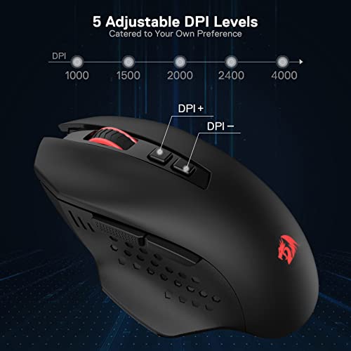 Redragon M656 Gainer Wireless Gaming Mouse, 4000 DPI 2.4Ghz Wireless Mouse w/ 5 DPI Levels, 7 Macro Buttons, Red LED Backl...