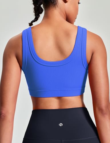HeyNuts Ribbed Sports Bras for Women, U Back Wireless Medium Impact Workout Yoga Tops Padded with Built in Bras A-D Cups