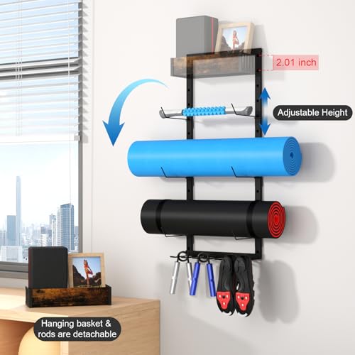 Yoga Mat Holder Wall Mount - Tool-Free Adjustable Yoga Mat Rack Shelf with 6 Rods & Basket, All-in-One Foam Roller Holder ...