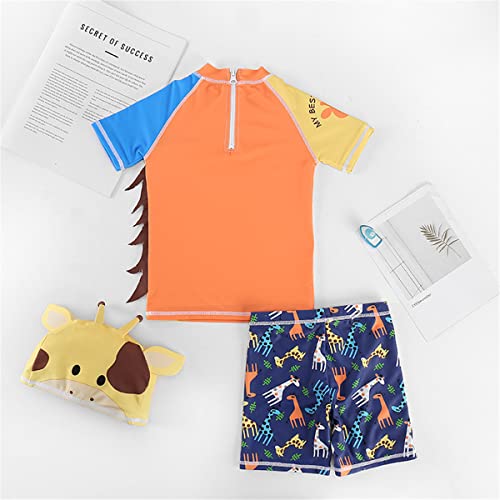 JELEUON Kids Baby Boys Two Piece Cartoon Giraffe Print Short Sleeve Swimsuits UV Rash Guard Swimwear Bathing Suits with Caps