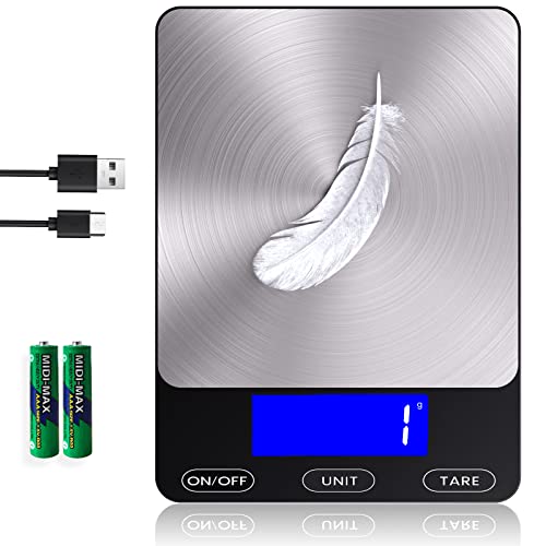 Food Scale -33lb Digital Kitchen Scale for Food Ounces Grams Rechargeable 304 Stainless Steel,Batteries and Type-C Chargin...