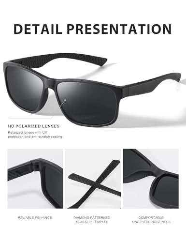 Reglaaly Polarized Sunglasses for Men Womens, Mens Sunglasses UV Protection, Black Square Sun Glasses Driving Fishing Golf