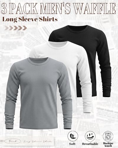Ficerd 3 Pack Men's Waffle Long Sleeve Shirts, Crew Neck Thermal Underwear Tops Casual Pullover Sweaters Knit Undershirts
