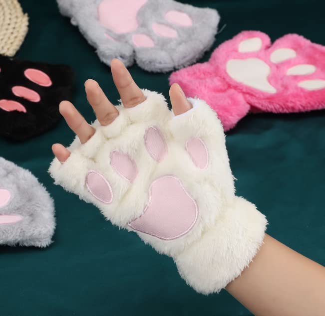 Furry Cat Paw Gloves Winter Fluffy Plush Fingerless Mittens for Women & Teen Girls Cute Cartoon Kawaii Accessories (White,One Size)