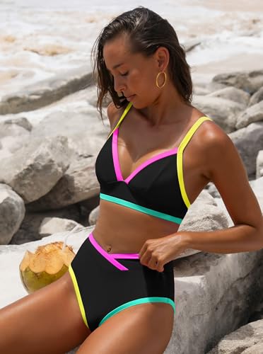 popvil High Waisted Bikini Sets for Women Neon Two Piece Swimsuit Sexy High Cut 2026 Bathing Suit