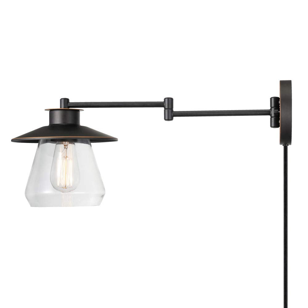 GLOBE Nate 1-Light Wall Sconce, Oil Rubbed Bronze, Clear Glass Shade, Plug-in/Hardwire, Model 51543, 6ft Cord