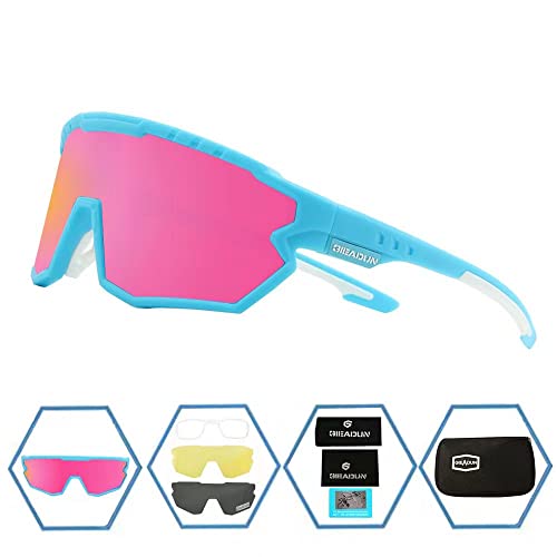 GIEADUN Sports Sunglasses Cycling Glasses Pink Polarized Glasses Baseball glasses with 3 lenses,Fishing,Ski Running Golf