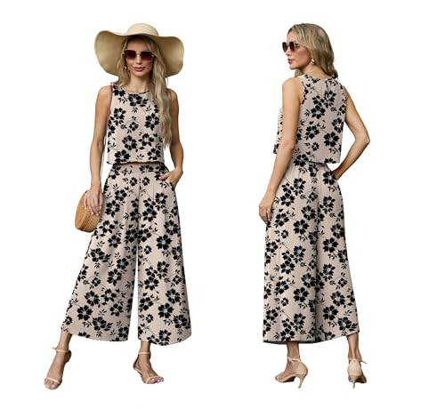 Lepunuo Womens Summer 2 Piece Outfits Sleeveless Crop Top Flowy Wide Leg Pants Matching Sets Vacation Beach Travel Outfits