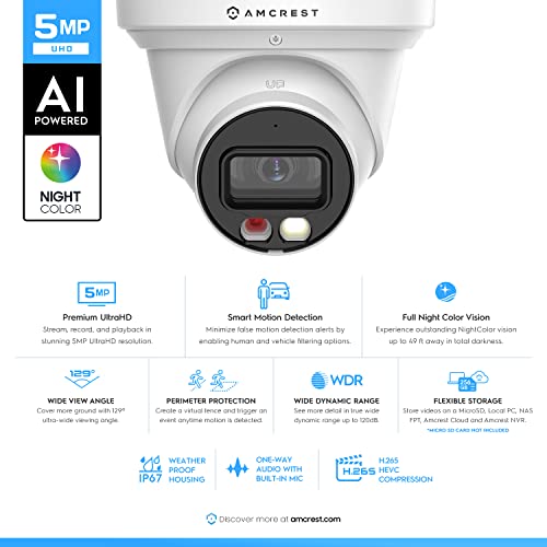 Amcrest 5MP AI Turret IP PoE Camera w/ 49ft Nightvision, Security IP Camera Outdoor, Built-in Microphone, Human & Vehicle ...