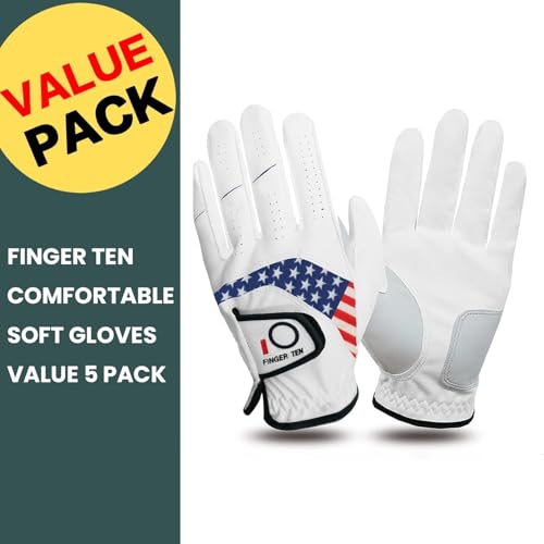 FINGER TEN Golf Gloves Men Value 5 Pack for Left Right Hand, Comfortable Soft & All Weather Grip Mens Golf Glove, Sizes S ...