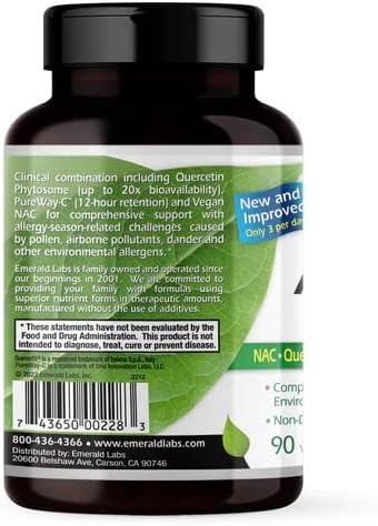 EMERALD LABS Allergy Health - Natural Allergy Support with Quercetin Phytosome, Bromelain, Vitamin C as PureWay-C & More * - Vegan & Gluten-Free - 90 Vegetable Capsules (30-Day Supply)
