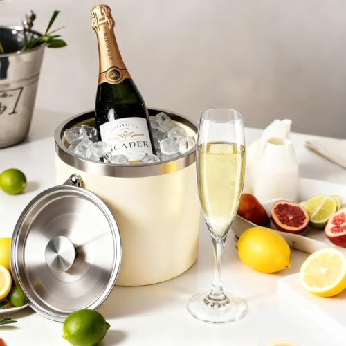 3L Beige-White Double Wall Insulated Stainless Steel Ice Bucket with Scoop for Cocktail Bar,Metal Ice Bucket for Freezer w...