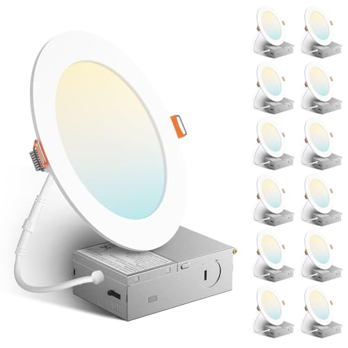 Amico 12 Pack 6 Inch 5CCT Ultra-Thin LED Recessed Ceiling Light with J-Box, 2700K/3000K/3500K/4000K/5000K Selectable, 12W=...