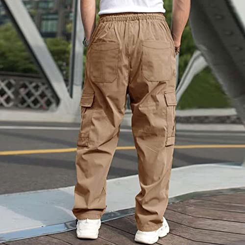 Men's Fashion Cargo Pants Solid Casual Drawstring Outdoor Hiking Pants Elastic Waisted Straight Leg Work Trousers with Pocket