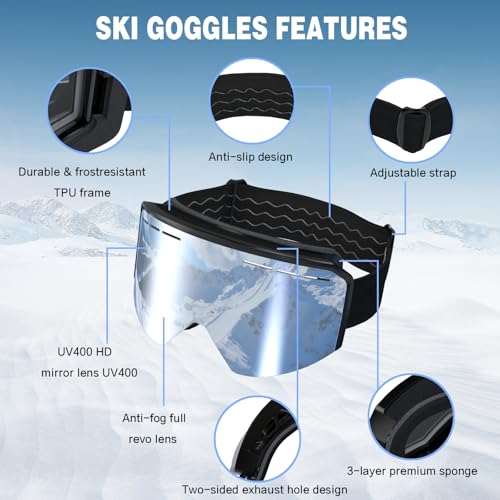 VCOROS Ski/Snowboard Goggles Men Women Anti Fog OTG Snow Goggles Skating Skiing Snowmobile Cylindrical Removable Lens