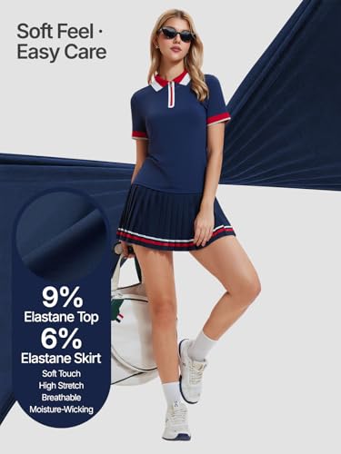 IUK Women's 2-Piece Tennis Skirt Set, Polo V-Neck Top & High-Waisted Pleated Skirt, Athletic Outfit for Golf Pickleball