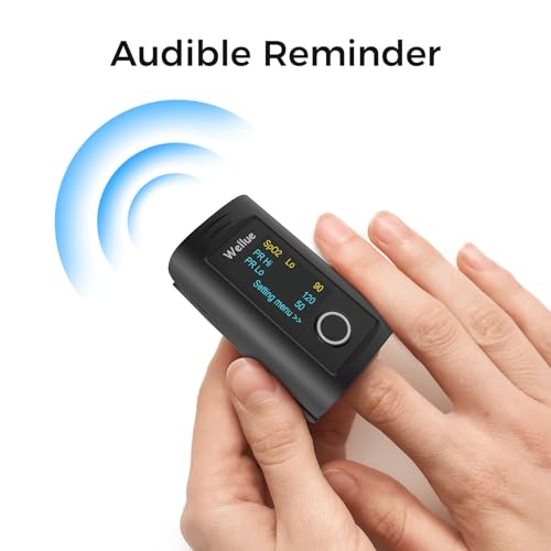 Wellue Fingertip Pulse Oximeter, Blood Oxygen Saturation Monitor with Batteries, Carry Bag & Lanyard for Wellness Use