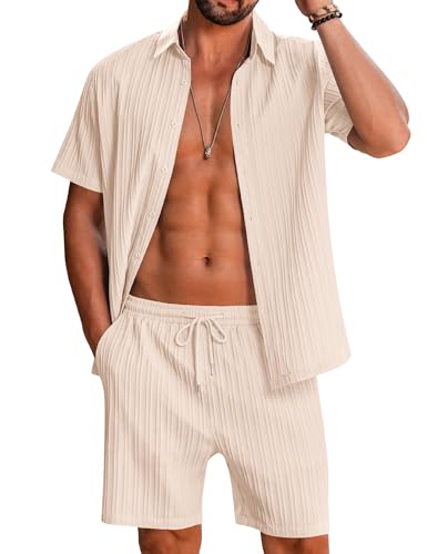 LecGee Men's 2 Piece Vertical Striped Textured Outfits Summer Casual Button Down Shirts and Shorts Matching Sets