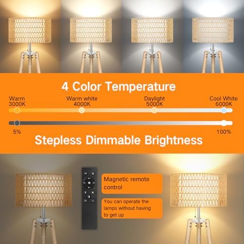 OUTON Rattan Tripod Floor Lamp, Dimmable with Remote Control, Wood, Modern Design for Living Room, Bedroom, Office
