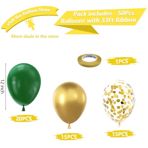 Kelfara Christmas Green Gold Balloons 50Pcs 12 inch Metallic Gold Confetti Latex Balloon Kit with Ribbons for 2026 New Yea...