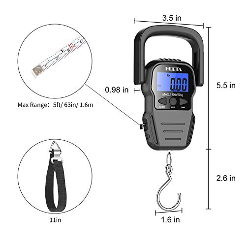 HEETA Fish Scale with Backlit LCD Display, Up to 110lb/50kg Digital Portable Hanging Fish Weight Scale with Hook & Measuri...