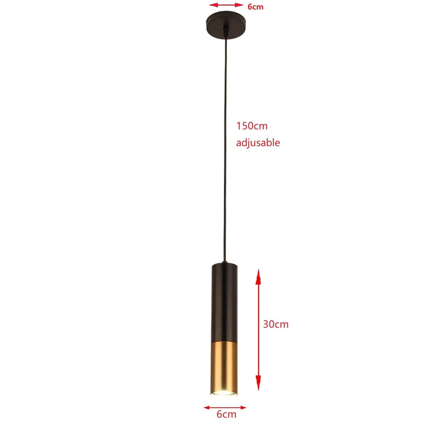 Hobaca GU10 Pendant Light, Black Gold Metal, 6CM Diameter, 30CM Length, Ideal for Kitchen Island, Dining Room, Bedroom, Bar