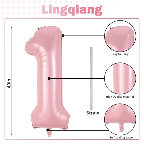 Pastel Pink 1 Balloons, 40 Inch Giant Light Pink Helium Foil Number 0-9 for Girls, Self Inflating 1st Birthday Balloon for...