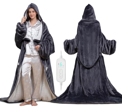 Wearable Heated Blanket with Heated Foot Pocket, Electric Wearable Throw Blanket with Sleeves, Hood, Foldable Foot Pocket,...