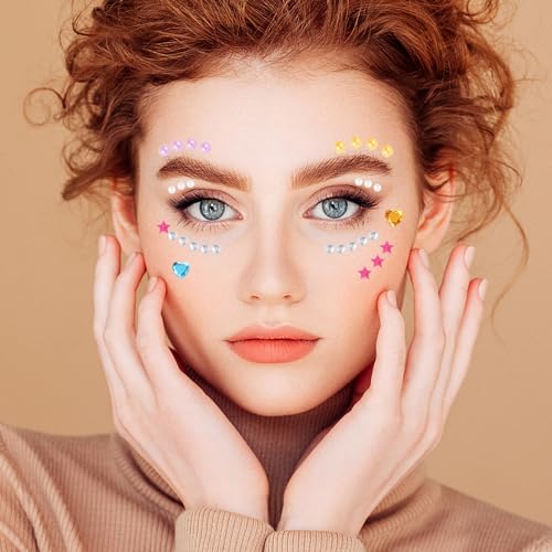 QXUJI 6 Sheets Eye Body Face Gems Jewels, Self-adhesive Rhinestone Makeup Stickers, with 3 Colors Face and Body Glitter Ge...