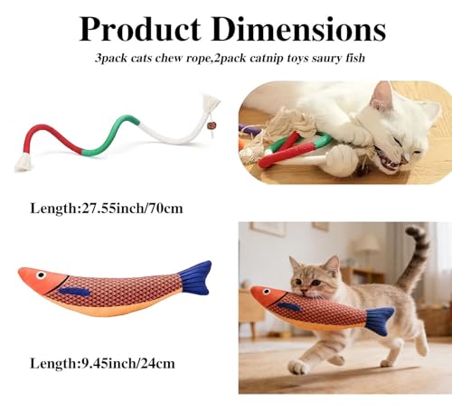 FKKWUOT Cat Chew Rope Toy,Catnip Saury Fish Toys,Cats Interactive Toys for Teeth Cleaning,5Pcs Cat Toys for Indoor Cats wi...