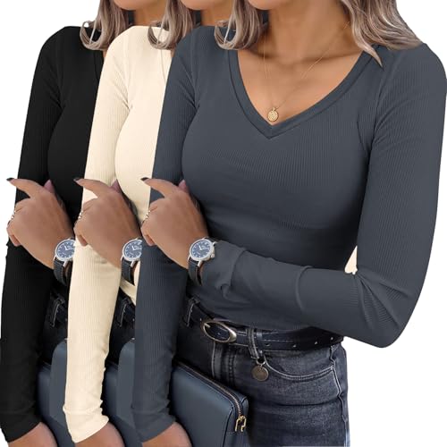 Ekouaer Womens 3 Pack Long Sleeve Shirts V Neck Ribbed Slim Fit Basic Tops Thermal Undershirts Casual Tee XS-XXL