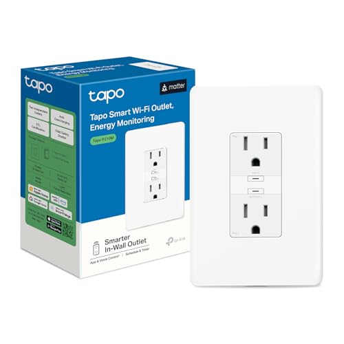 TP-Link Tapo Smart Plug P210M, Wi-Fi in-Wall Outlet, Matter Compatible, Energy Monitoring, 15A/1800W Max, Works with Alex...
