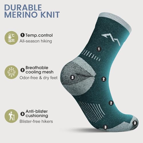 innotree 3 Pack Men's Merino Wool Hiking Socks, Micro Crew Cushioned Hiking Walking Thermal Moisture Wicking Trekking Socks