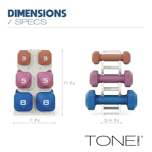 Tone Fitness Neoprene Dumbbell Set with Storage Rack – Non-Slip, Anti-Roll Hand Weights for Home Gym Workouts | 20 lb, 32 ...