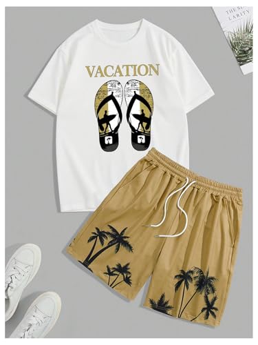 BEAUDRM Men's Plus Size 2 Piece Outfit Tropical Print Crew Neck Short Sleeve T Shirt and Shorts Beach Set
