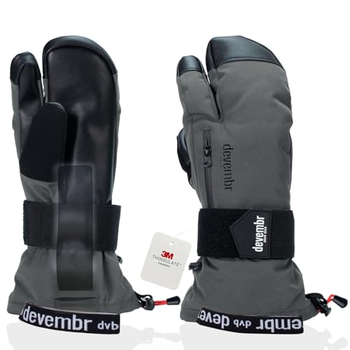 devembr Three-Finger Ski Gloves with Wrist Guards, Warm Snowboarding Gloves (Black/Gray)
