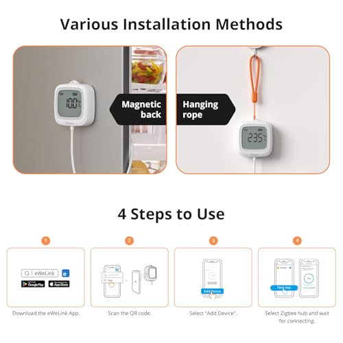 SONOFF SNZB-02LD Zigbee Waterproof Temperature Sensor with 1.5M Stainless Steel Probe, LCD Display, -40~115°C Range, APP Monitoring, Magnetic Mount, Works with Zigbee Hub