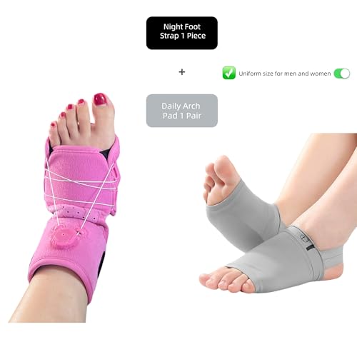 LUCKIEST MAP Night Foot Stretching Strap&Daily Arch Support Insoles Set For Plantar Fasciitis Foot Drop Pink