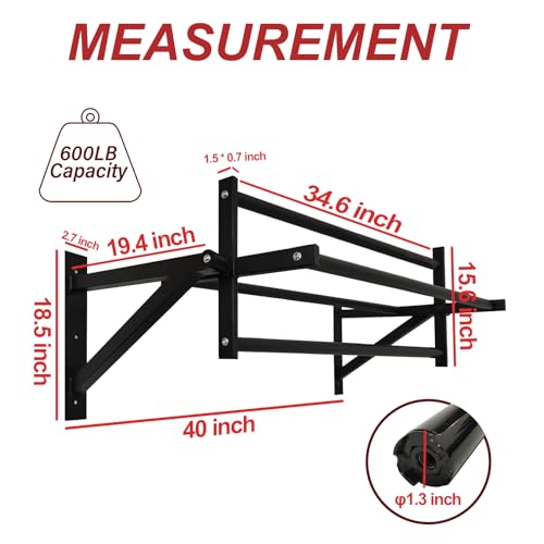 BESTHLS Wall Mounted Pull Up Bar and Dip Station, Heavy Duty Wall Mount Pull-up Chin Up Bar Multifunctional Home Gym Worko...