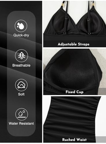 Aleumdr Women One Piece Swimsuit Tummy Control V Neck Ruched Bathing Suit Push Up Gold Metal Modest Slimming Swimwear