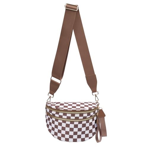 kuifang Checkered Bum Bag Crossbody Bag for Women, Spacious Purse Oversized Fanny Packs（Brown）